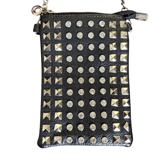 Black Faux Leather Studded Mini Wristlet Purse Chain Strap Zipper Closure - Picture 2 of 5